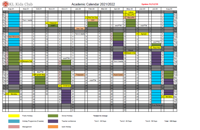 Academic Calendar | KL International Kidsclub :: Pre-school, Kindergarten,  KLCC, Embassy row, Kuala Lumpur, Malaysia